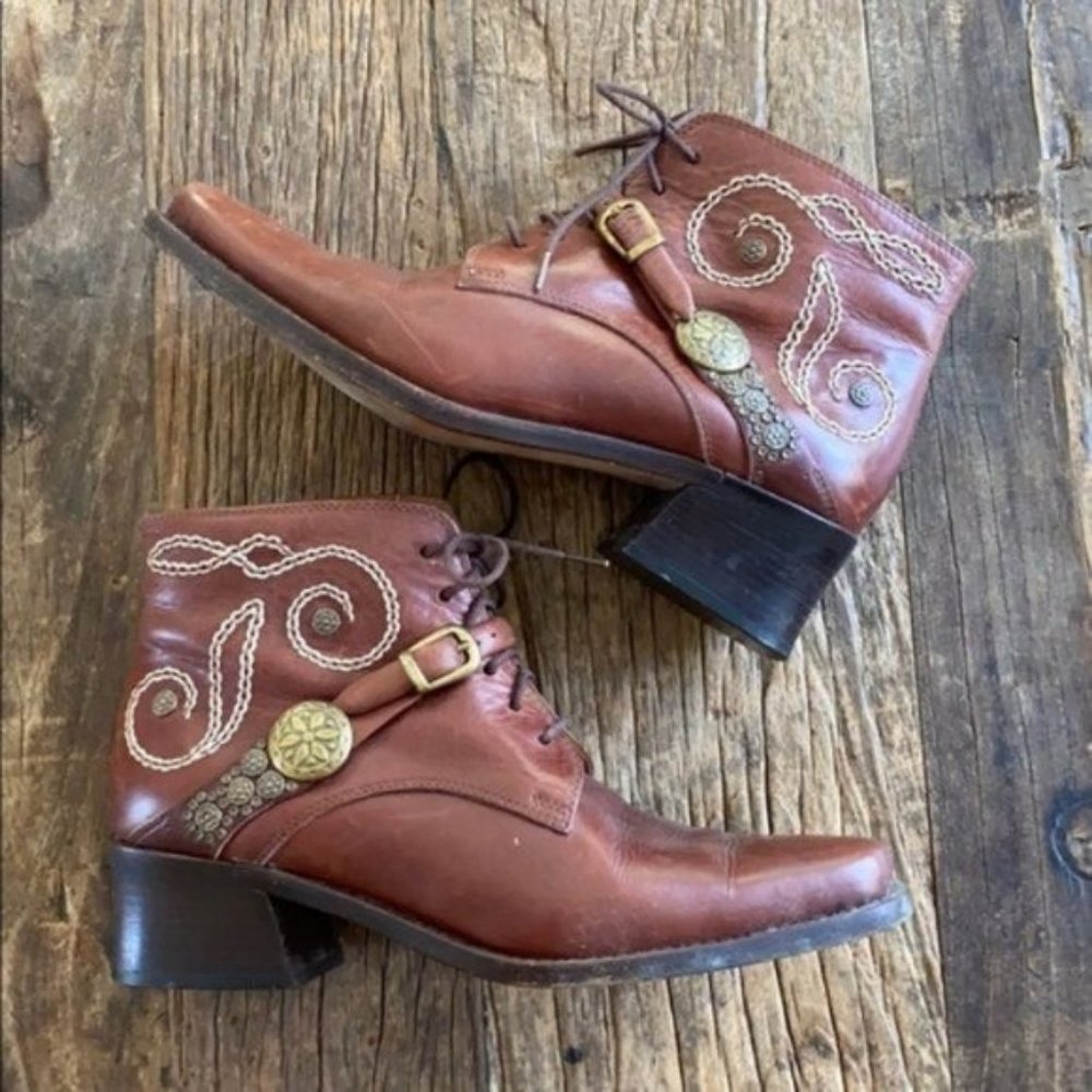Brown Embroidered Leather Ankle Booties - Women's